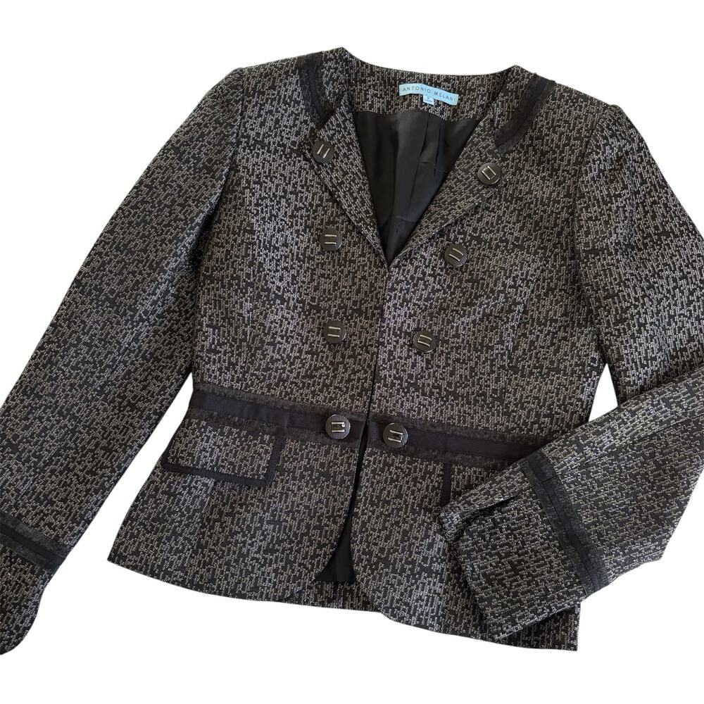 Antonio Melani Black Gray Blazer Jacket Military Buttons Women's Size 2 Business